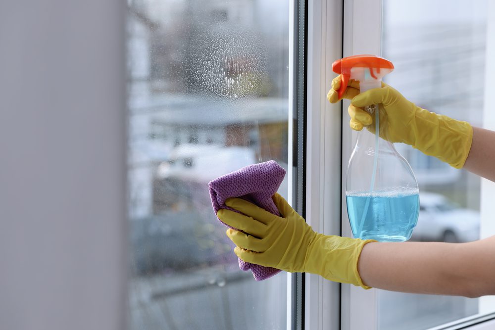 Woman,Cleaning,Window,At,Home,,Closeup.,Household,Chores
